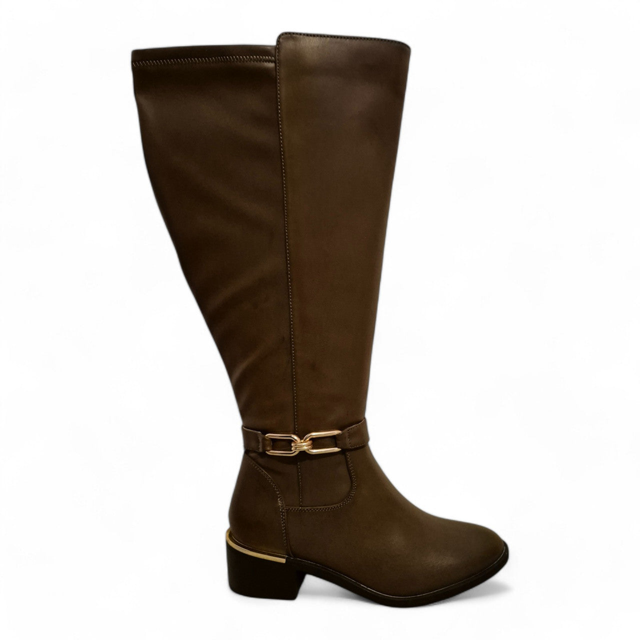 Ladies Knee High EE Wide Fit Riding Boots Womens Brown Faux Leather Long Boot Shoes