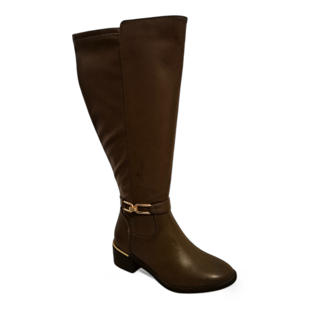 Ladies Knee High EE Wide Fit Riding Boots Womens Brown Faux Leather Long Boot Shoes