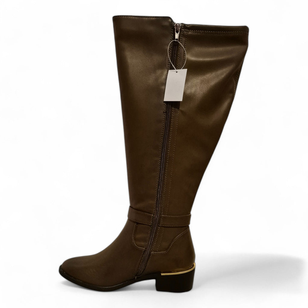 Ladies Knee High EE Wide Fit Riding Boots Womens Brown Faux Leather Long Boot Shoes