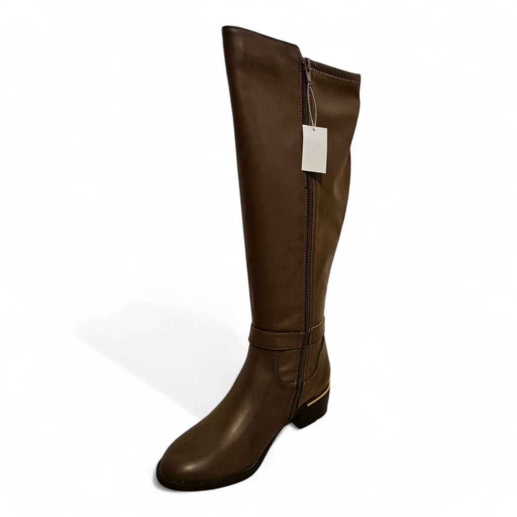 Ladies Knee High EE Wide Fit Riding Boots Womens Brown Faux Leather Long Boot Shoes