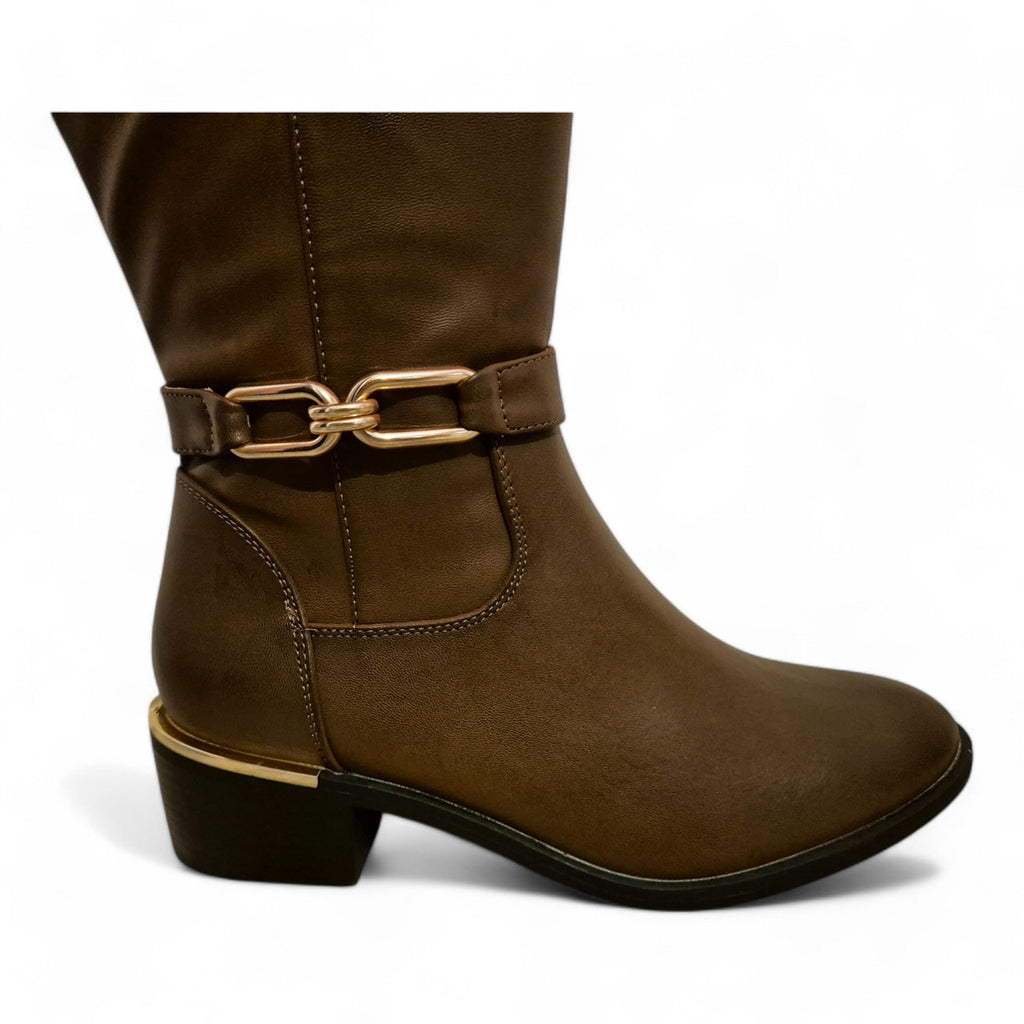 Ladies Knee High EE Wide Fit Riding Boots Womens Brown Faux Leather Long Boot Shoes