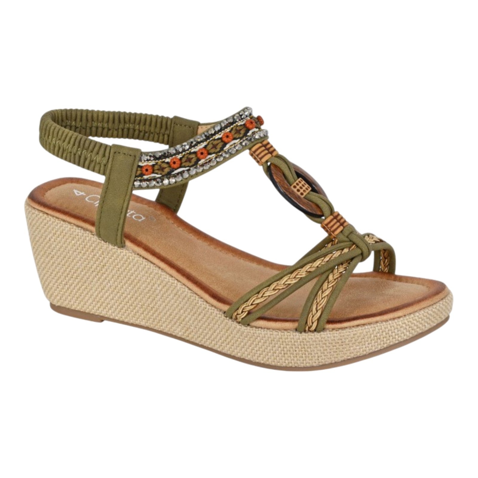 Cipriata Jewelled Elasticated Slingback Hessian Wedge Sandals Khaki
