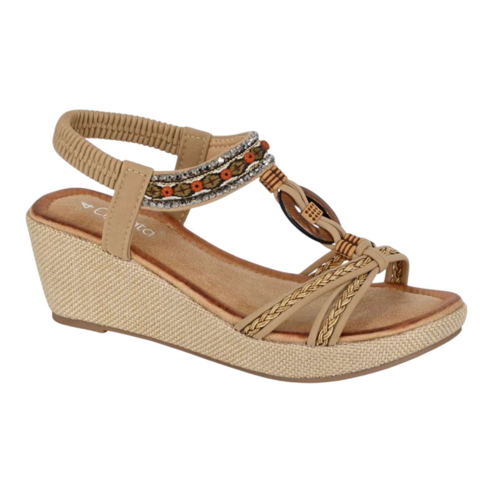 Cipriata Jewelled Elasticated Slingback Hessian Wedge Sandals Beige