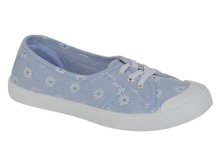 Women's Retro Plimsoll Lace Up Canvas Trainers Blue Flower