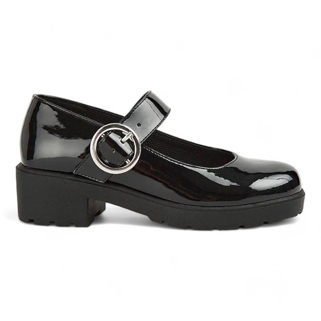 Girls Mary Janes School Chunky Heel Shoes Patent Black