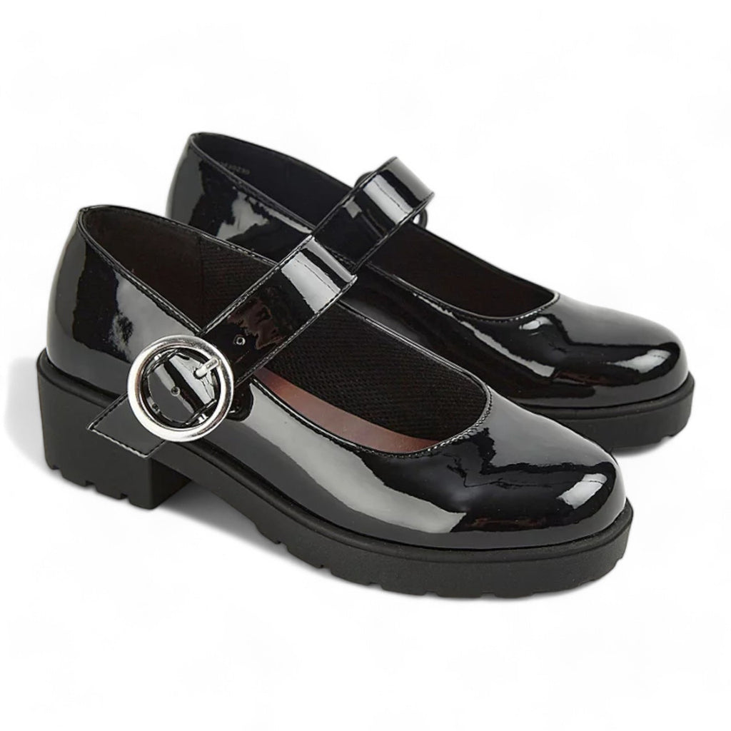 Girls Mary Janes School Chunky Heel Shoes Patent Black