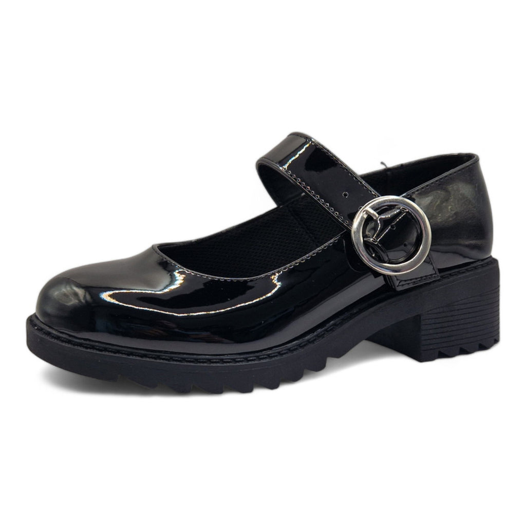 Girls Mary Janes School Chunky Heel Shoes Patent Black