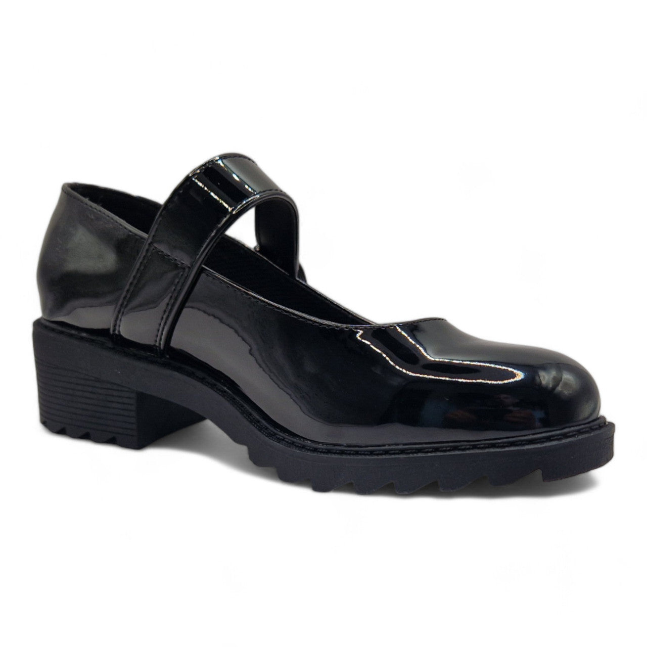 Girls Mary Janes School Chunky Heel Shoes Patent Black