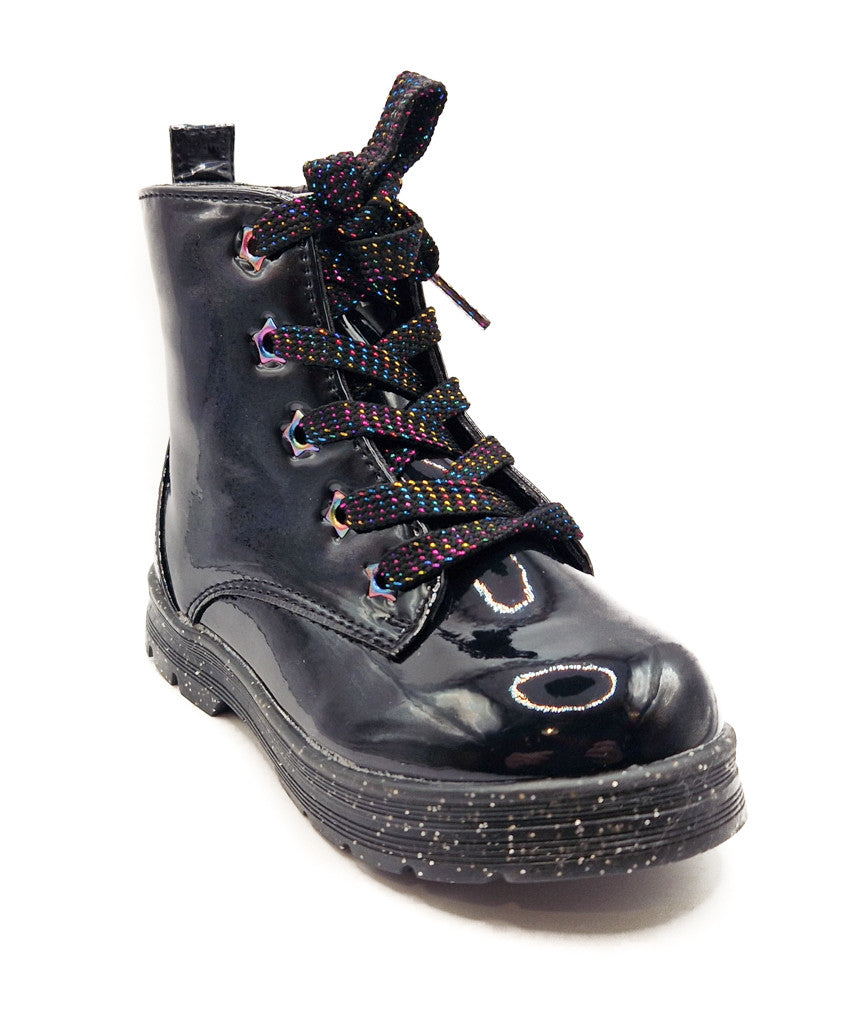 Girls Black Boots Patent Faux Leather Quilted Bow Zip Kids Lace Up Sparkle Shoes