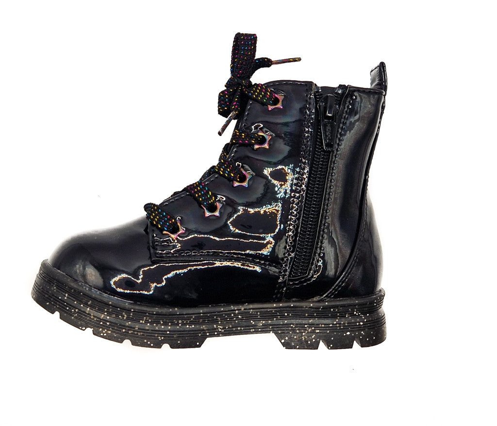 Girls Black Boots Patent Faux Leather Quilted Bow Zip Kids Lace Up Sparkle Shoes