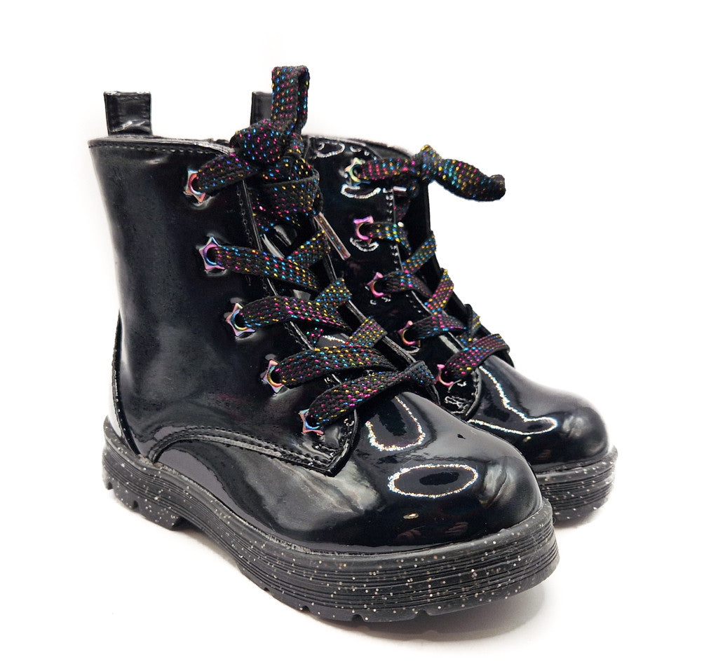 Girls Black Boots Patent Faux Leather Quilted Bow Zip Kids Lace Up Sparkle Shoes