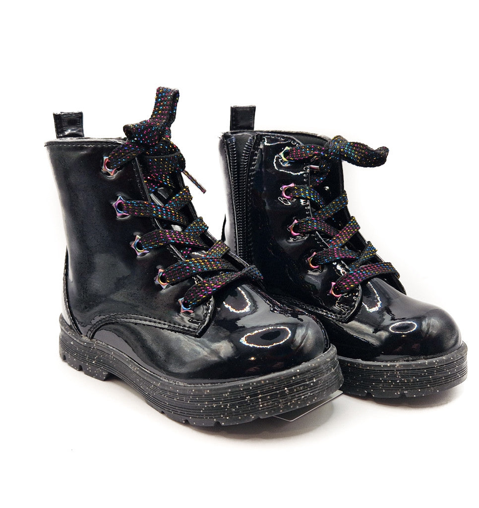 Girls Black Boots Patent Faux Leather Quilted Bow Zip Kids Lace Up Sparkle Shoes