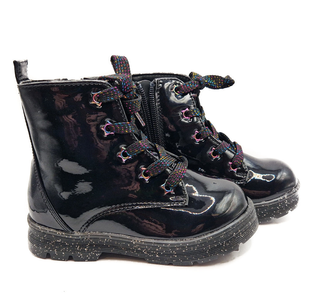 Girls Black Boots Patent Faux Leather Quilted Bow Zip Kids Lace Up Sparkle Shoes