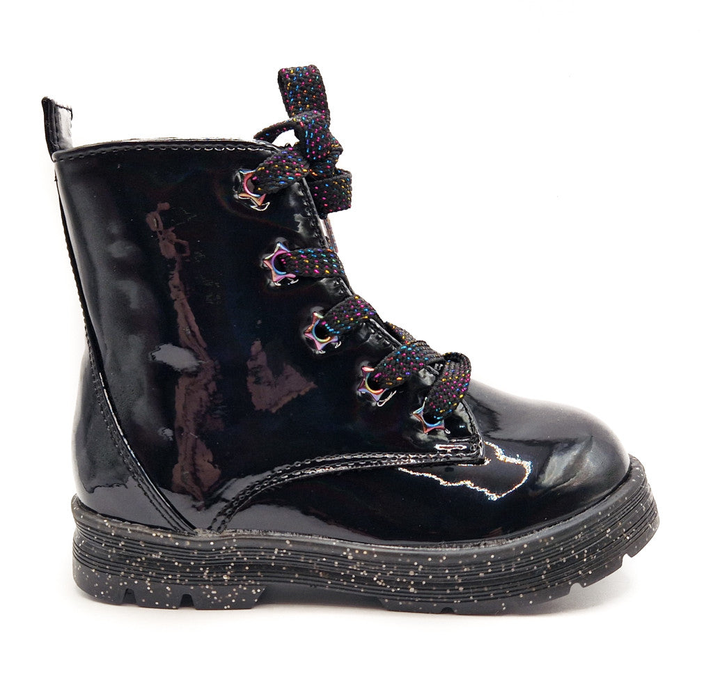 Girls Black Boots Patent Faux Leather Quilted Bow Zip Kids Lace Up Sparkle Shoes