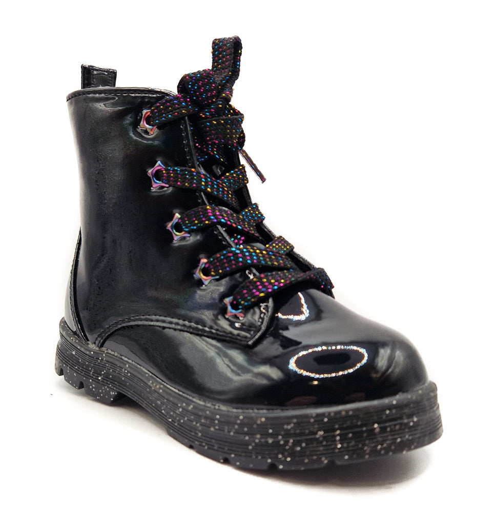 Girls Black Boots Patent Faux Leather Quilted Bow Zip Kids Lace Up Sparkle Shoes