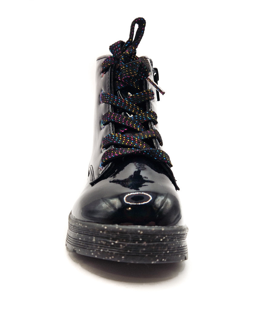 Girls Black Boots Patent Faux Leather Quilted Bow Zip Kids Lace Up Sparkle Shoes