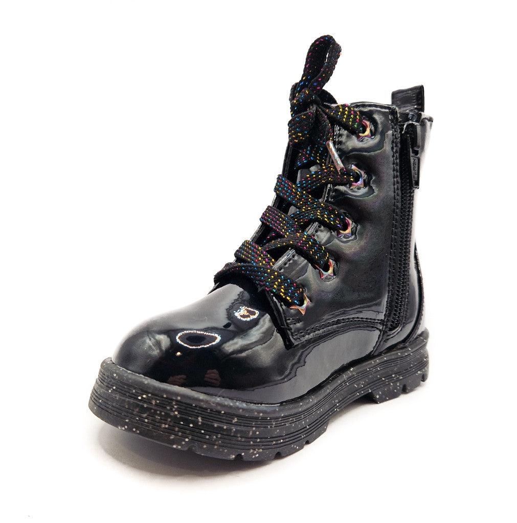 Girls Black Boots Patent Faux Leather Quilted Bow Zip Kids Lace Up Sparkle Shoes