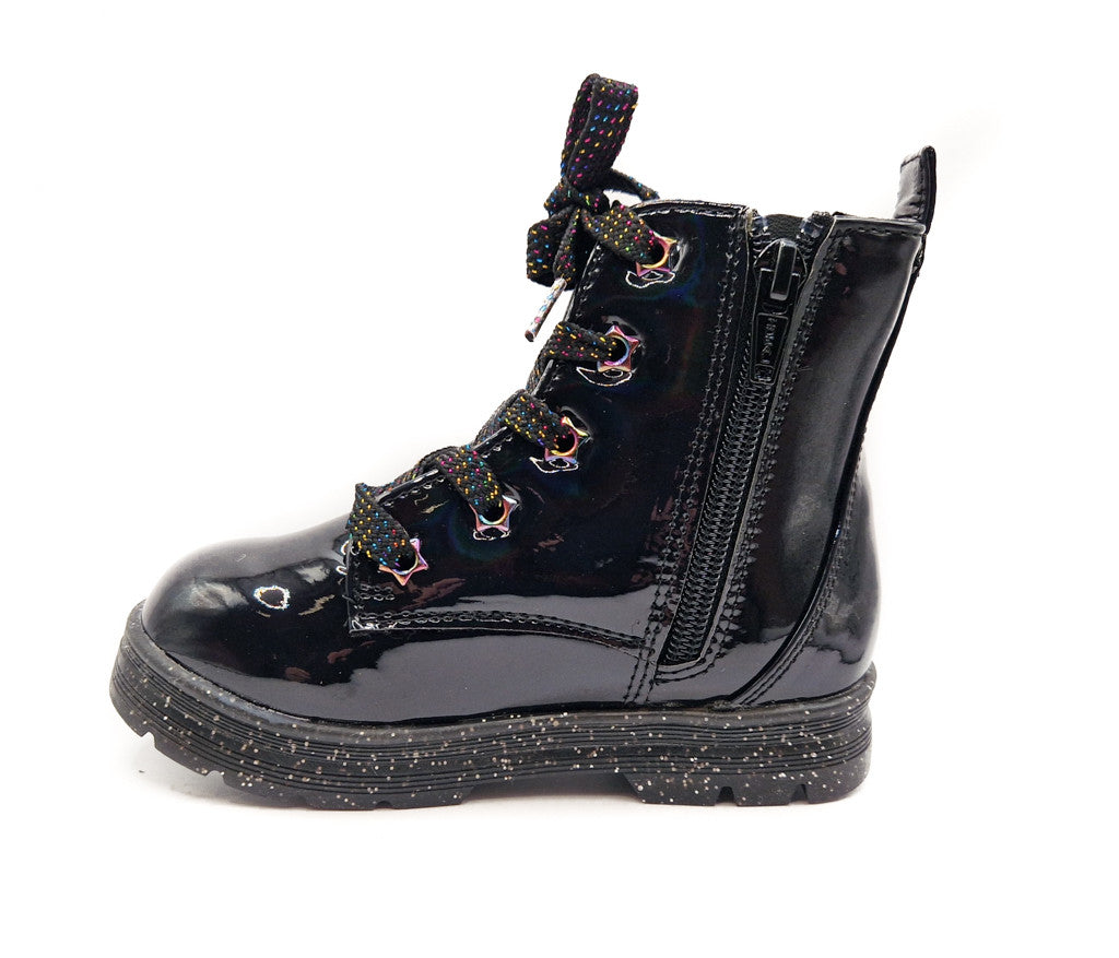 Girls Black Boots Patent Faux Leather Quilted Bow Zip Kids Lace Up Sparkle Shoes