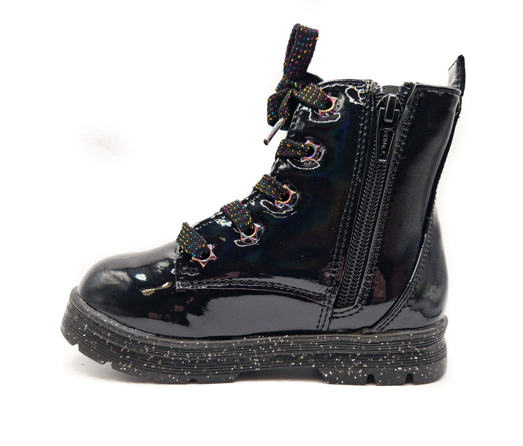 Girls Black Boots Patent Faux Leather Quilted Bow Zip Kids Lace Up Sparkle Shoes