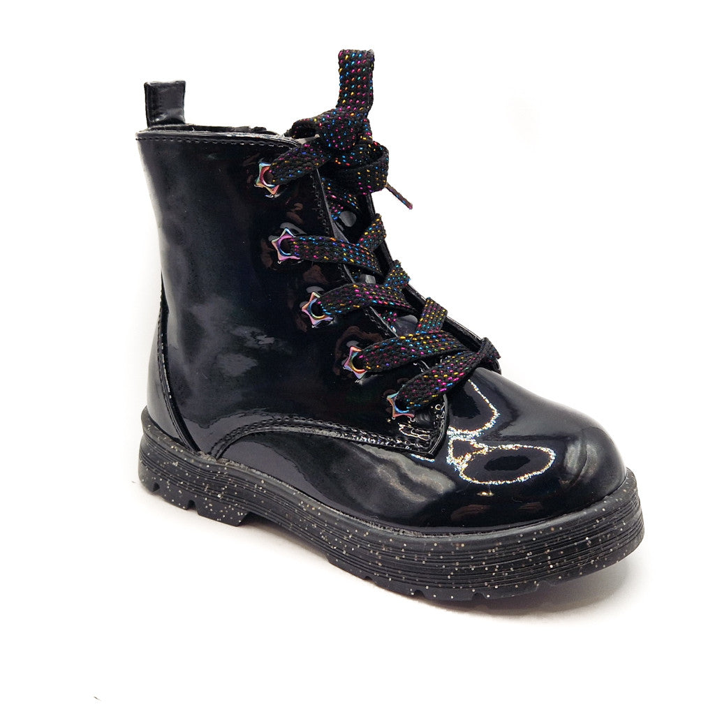 Girls Black Boots Patent Faux Leather Quilted Bow Zip Kids Lace Up Sparkle Shoes