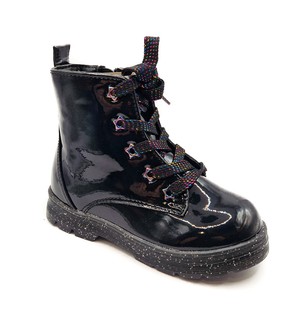 Girls Black Boots Patent Faux Leather Quilted Bow Zip Kids Lace Up Sparkle Shoes