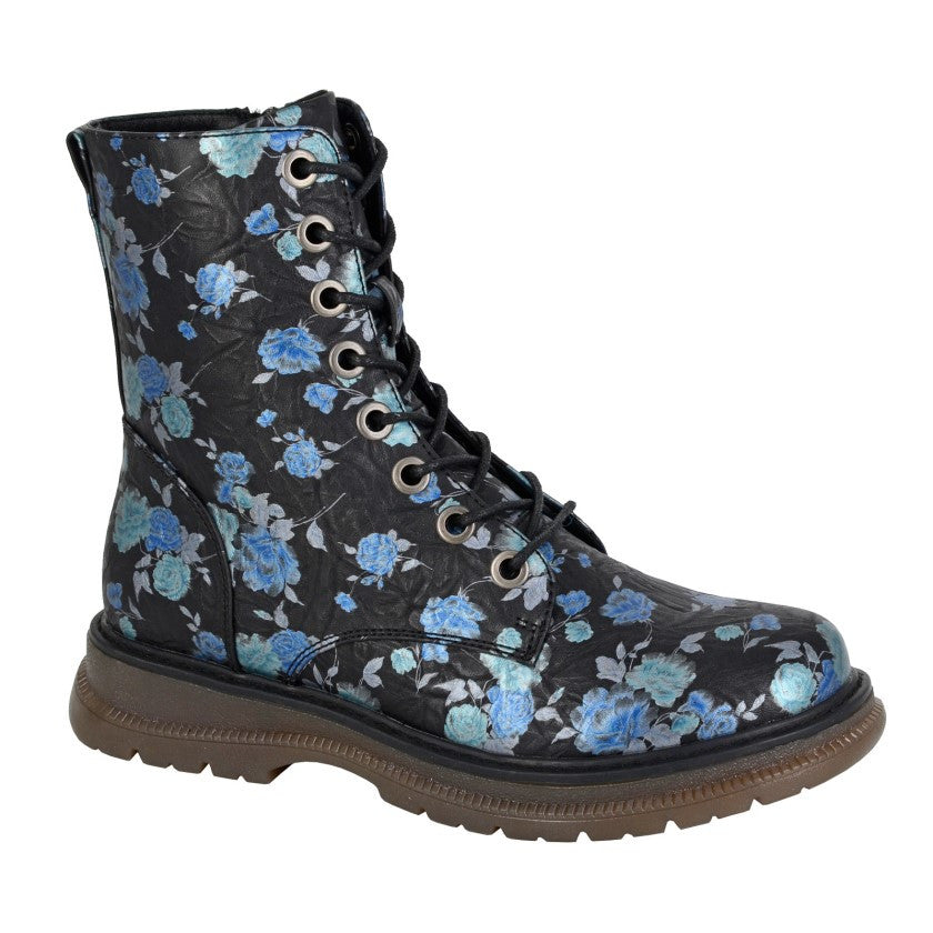 Cipriata Ankle Boots for Women - Mid Calf Zip Up Memory Foam Boots Black/Blue Floral