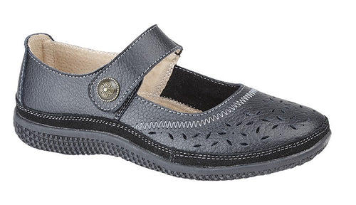 Ladies Mary Jane Sandals Flat EEE Wide Fit Black Comfort Shoes