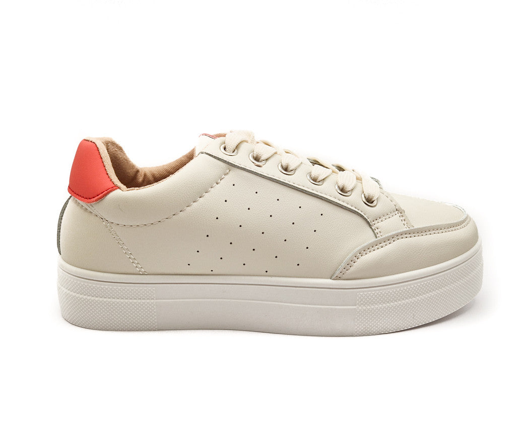 Ladies Chunky Lace Up Faux Leather Trainers White/Orange