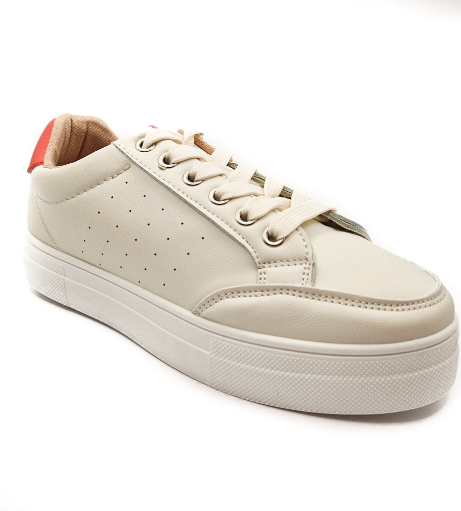 Ladies Chunky Lace Up Faux Leather Trainers White/Orange