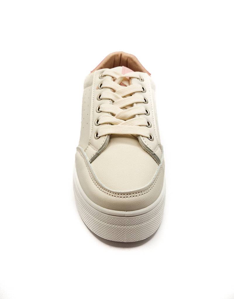 Ladies Chunky Lace Up Faux Leather Trainers White/Orange