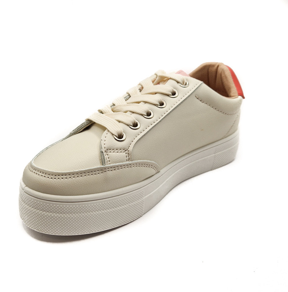 Ladies Chunky Lace Up Faux Leather Trainers White/Orange