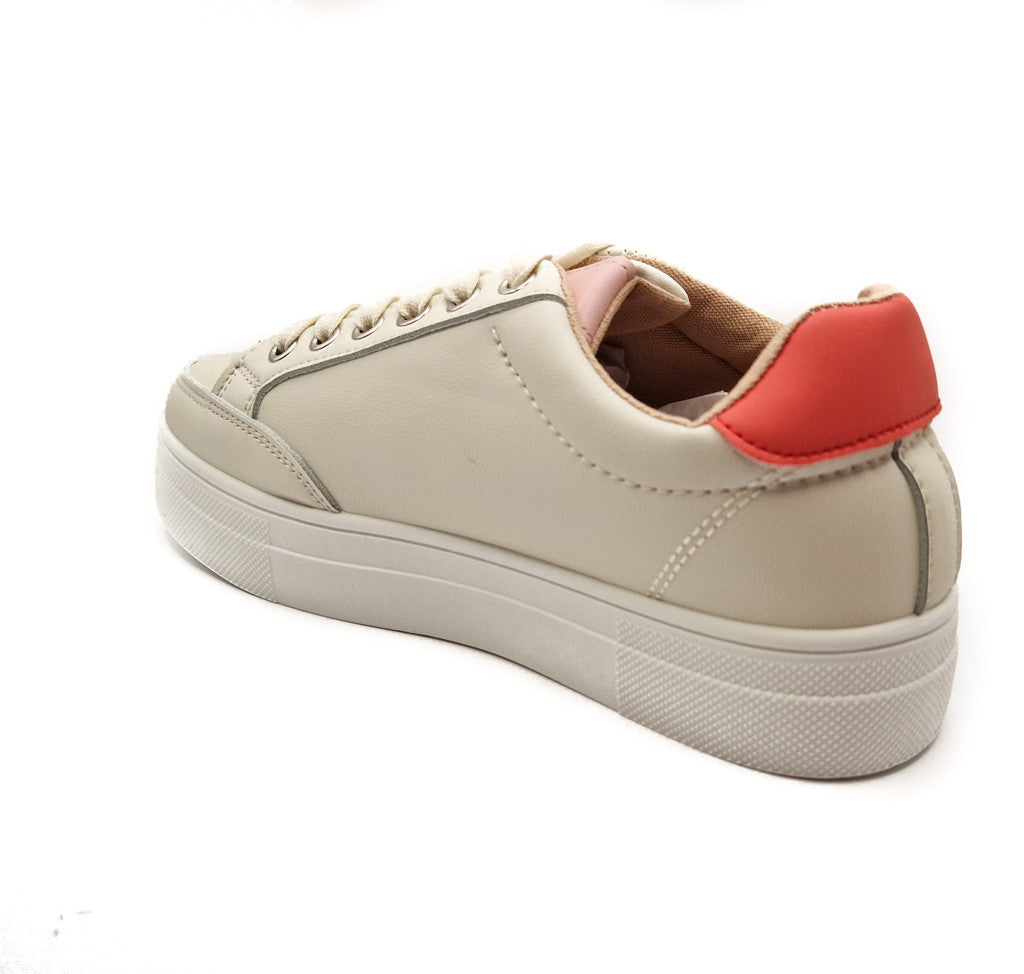 Ladies Chunky Lace Up Faux Leather Trainers White/Orange