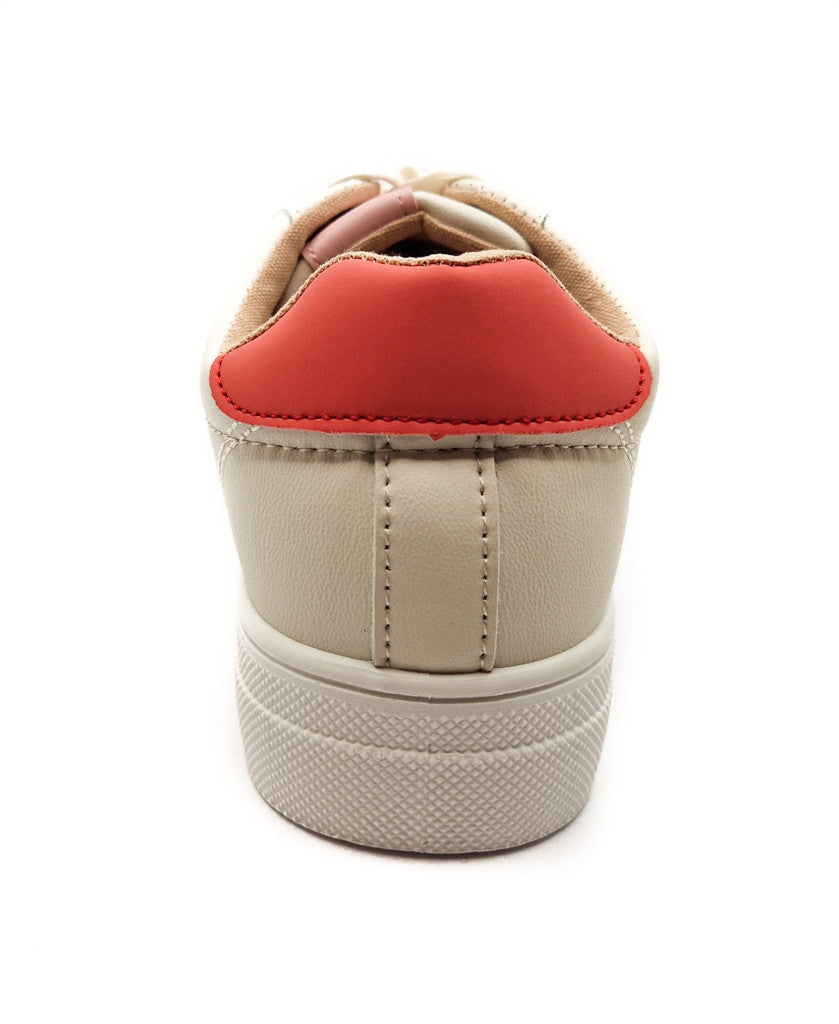 Ladies Chunky Lace Up Faux Leather Trainers White/Orange