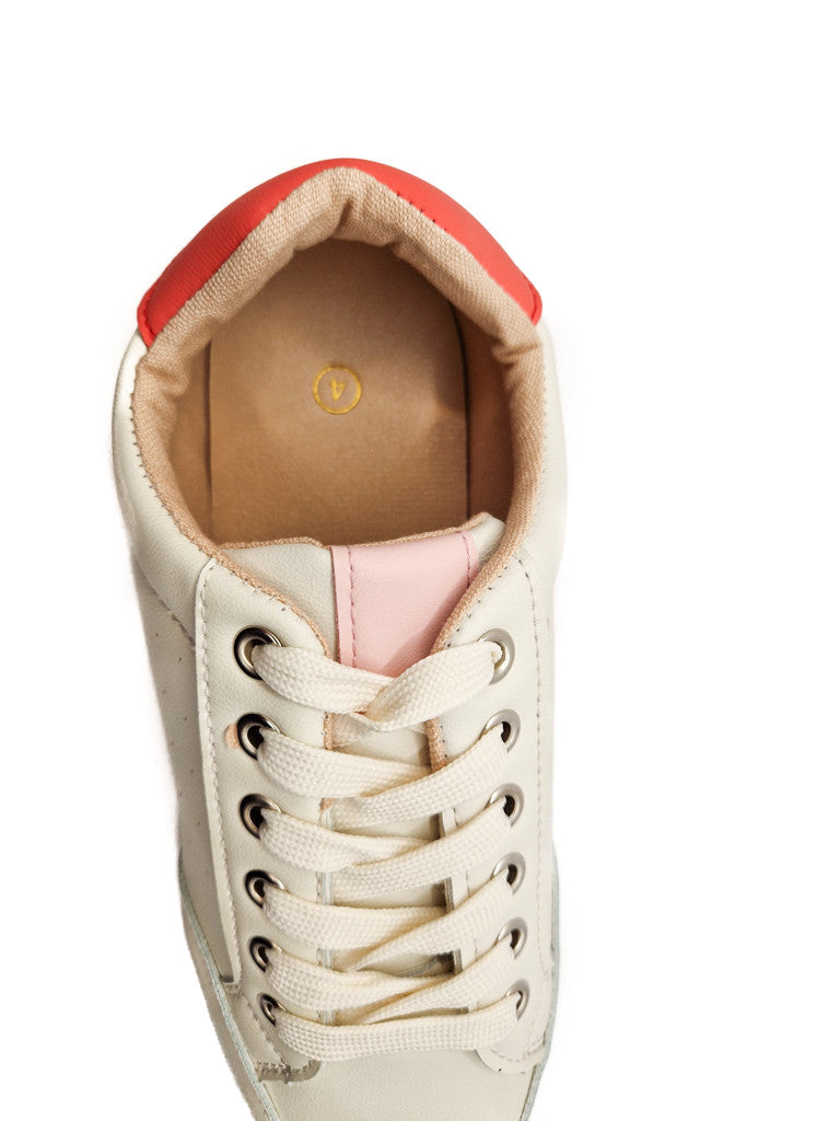 Ladies Chunky Lace Up Faux Leather Trainers White/Orange