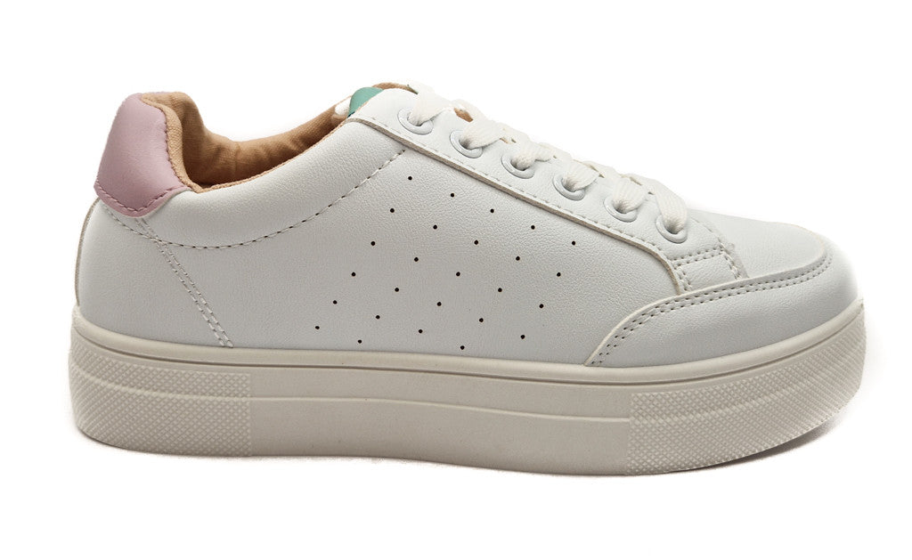 Ladies Chunky Lace Up Faux Leather Trainers White/Pink