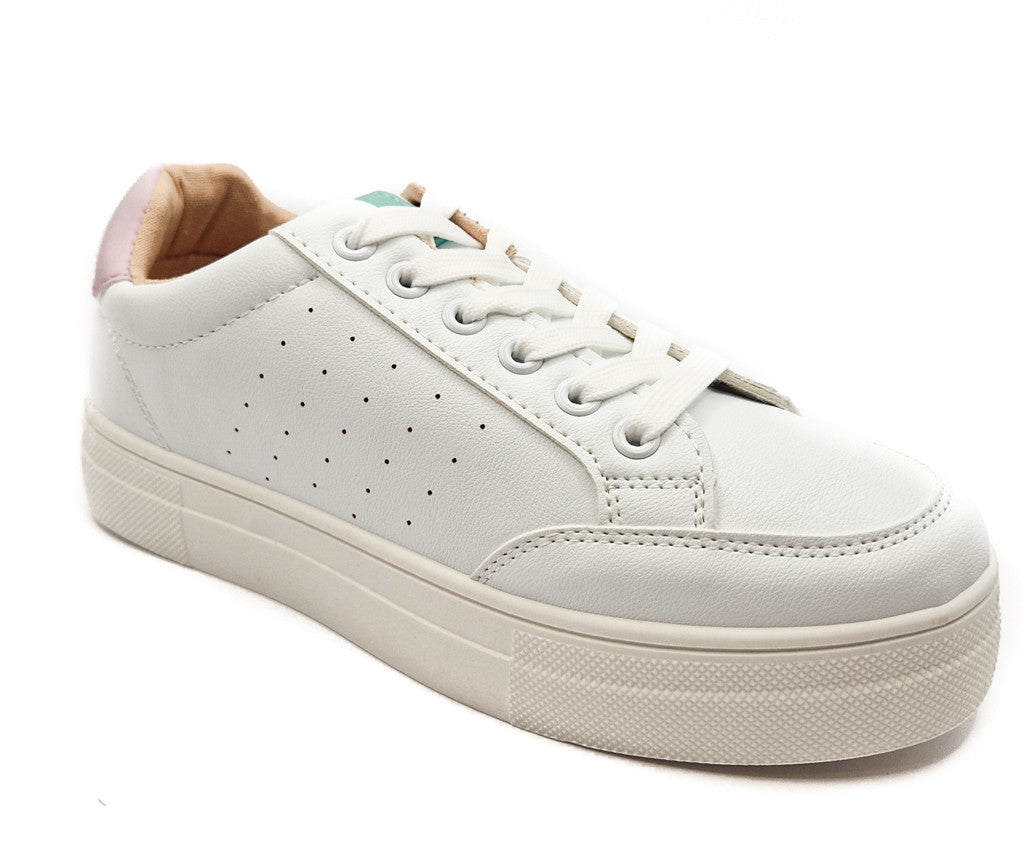 Ladies Chunky Lace Up Faux Leather Trainers White/Pink