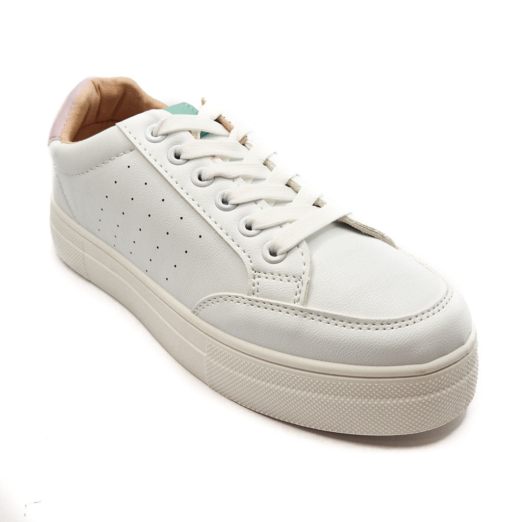 Ladies Chunky Lace Up Faux Leather Trainers White/Pink