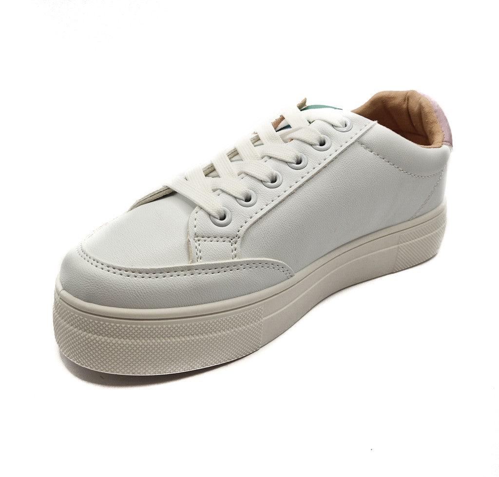 Ladies Chunky Lace Up Faux Leather Trainers White/Pink