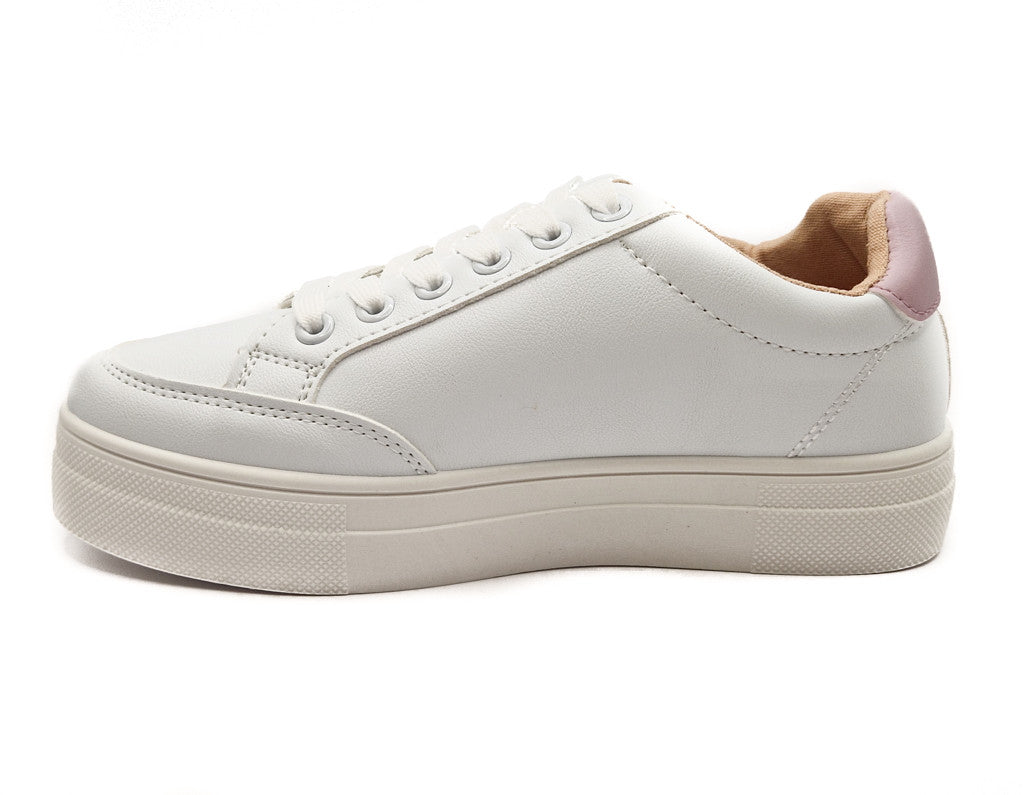 Ladies Chunky Lace Up Faux Leather Trainers White/Pink