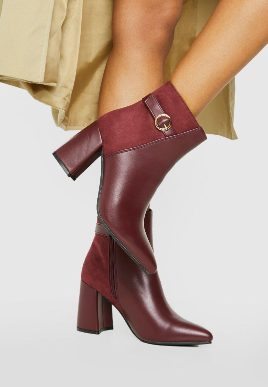 Ladies Heeled Ankle Buckle Boots Womens Block Heel Black Burgundy Size 4-8