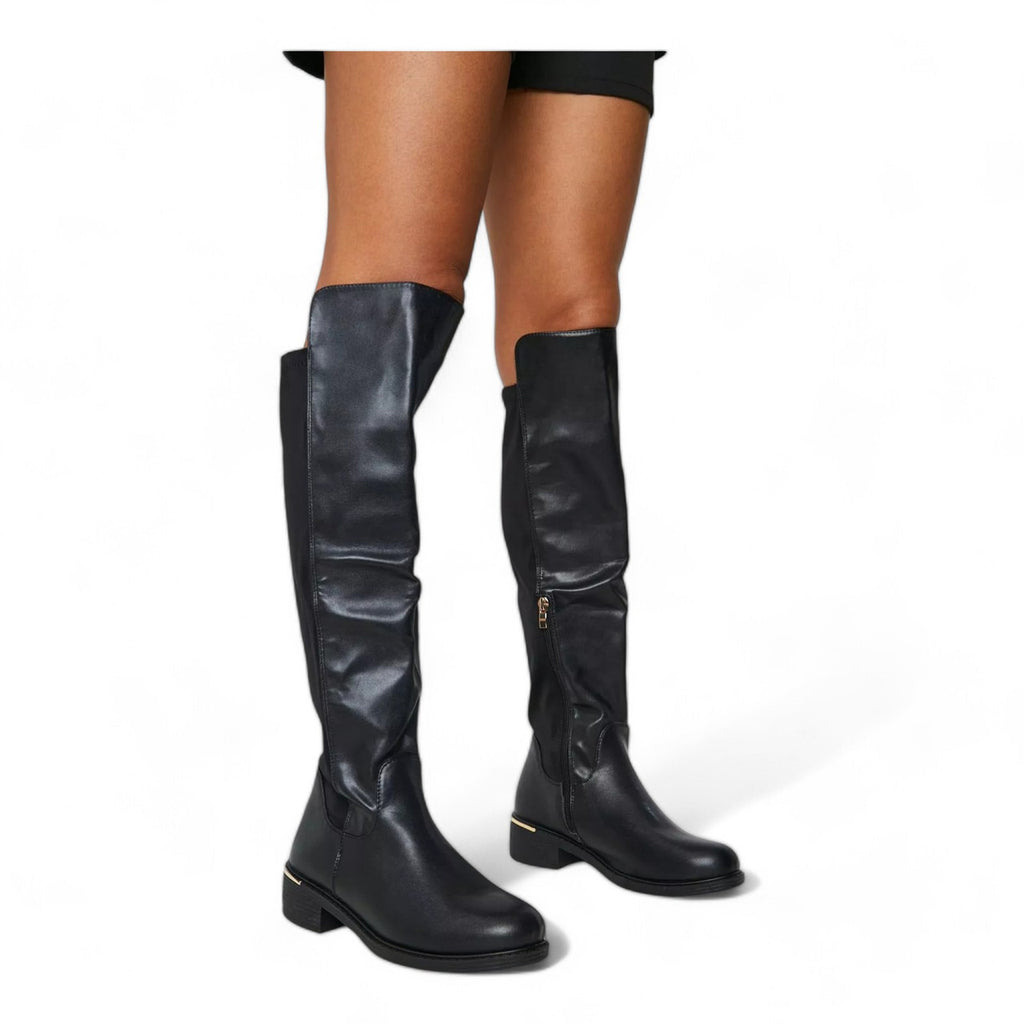 Women's Wide Fit Faux Leather Lycra Stretch Knee High Riding Boot Black