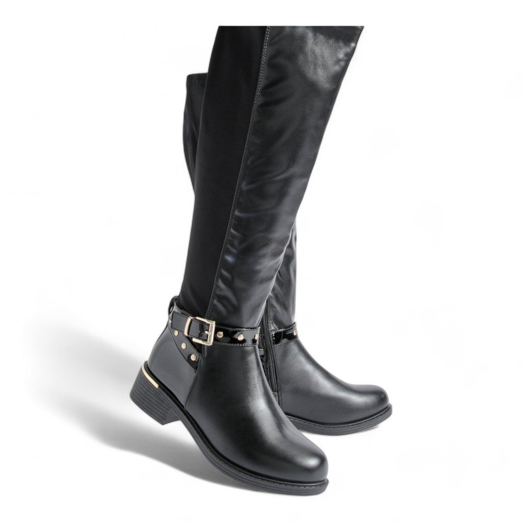 Women's Wide Fit Gold Detail Lycra Stretch Knee High Riding Boot Black