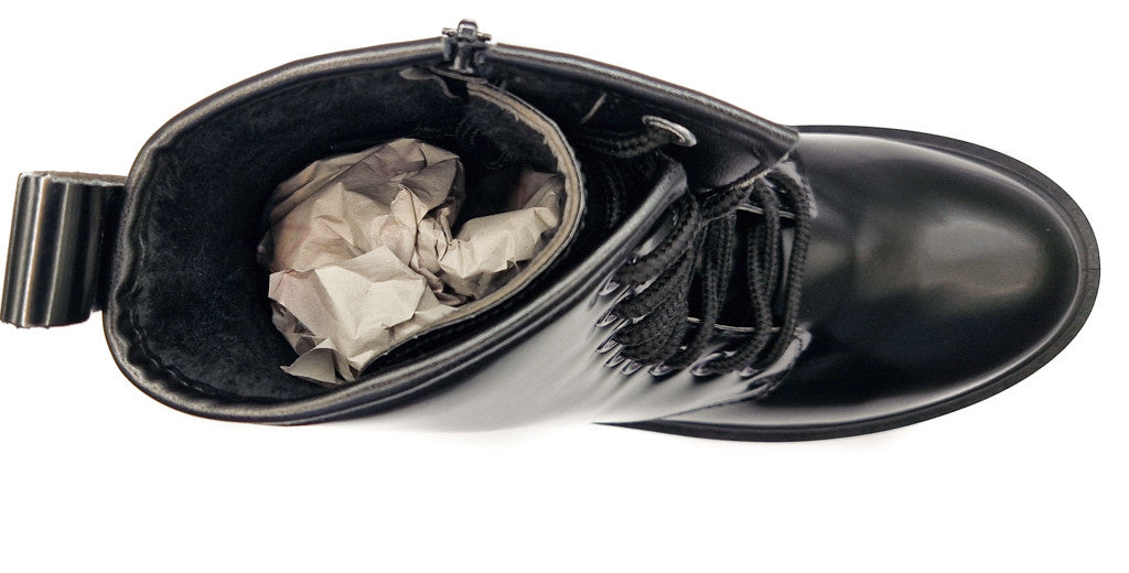 Women's Lace Up Faux Leather Biker Boot Patent Black