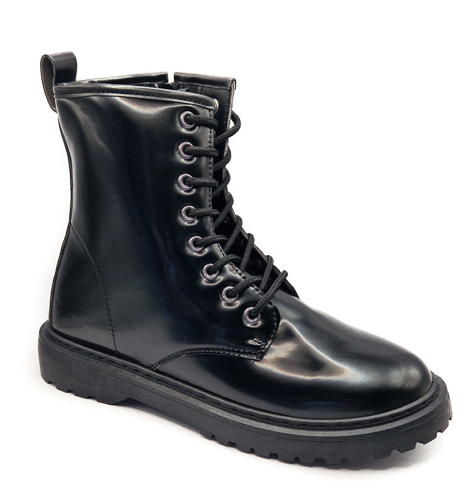 Women's Lace Up Faux Leather Biker Boot Patent Black