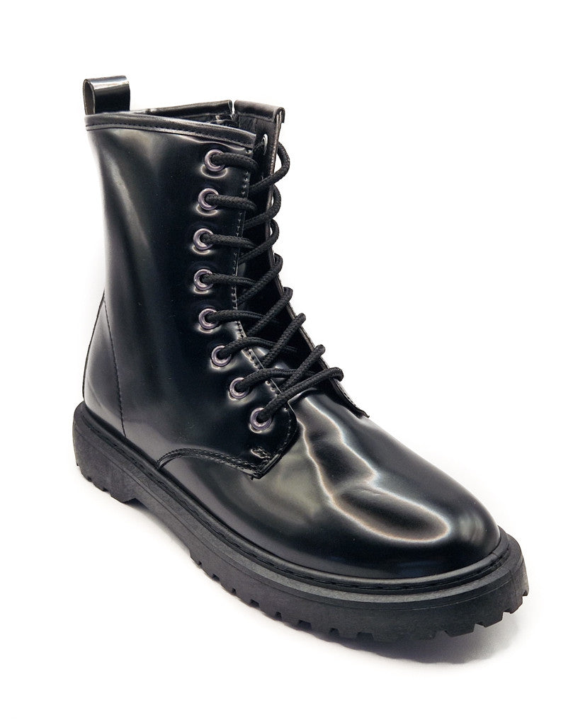 Women's Lace Up Faux Leather Biker Boot Patent Black