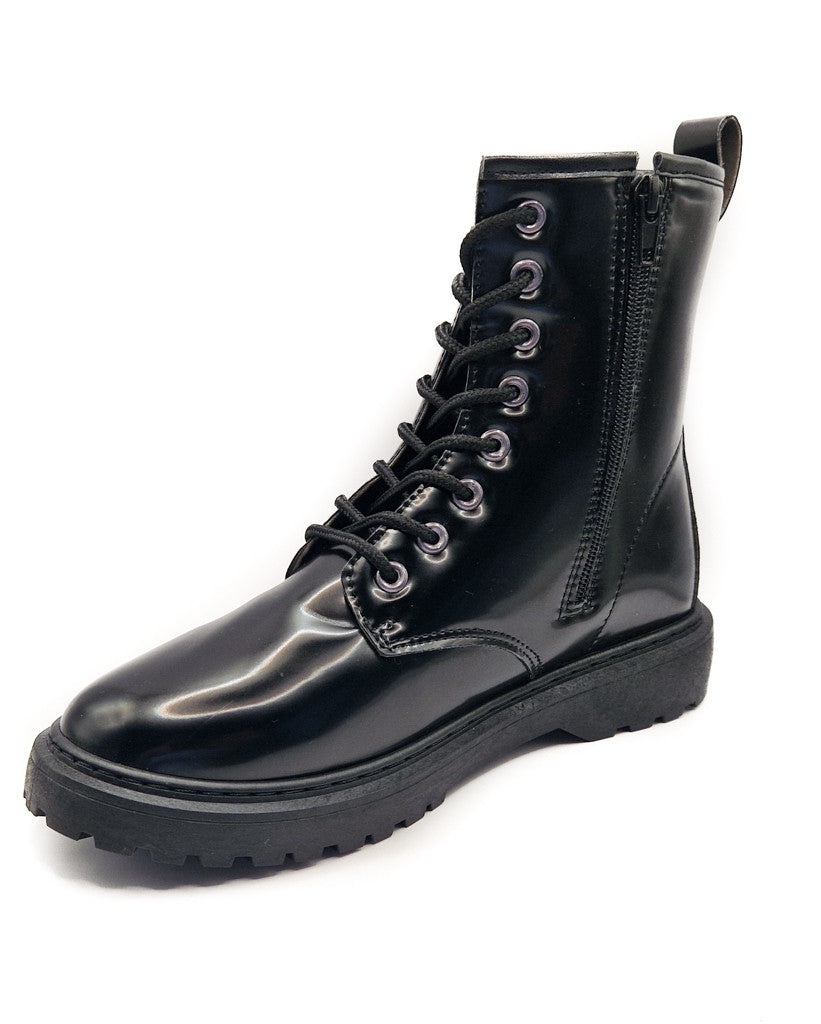 Women's Lace Up Faux Leather Biker Boot Patent Black