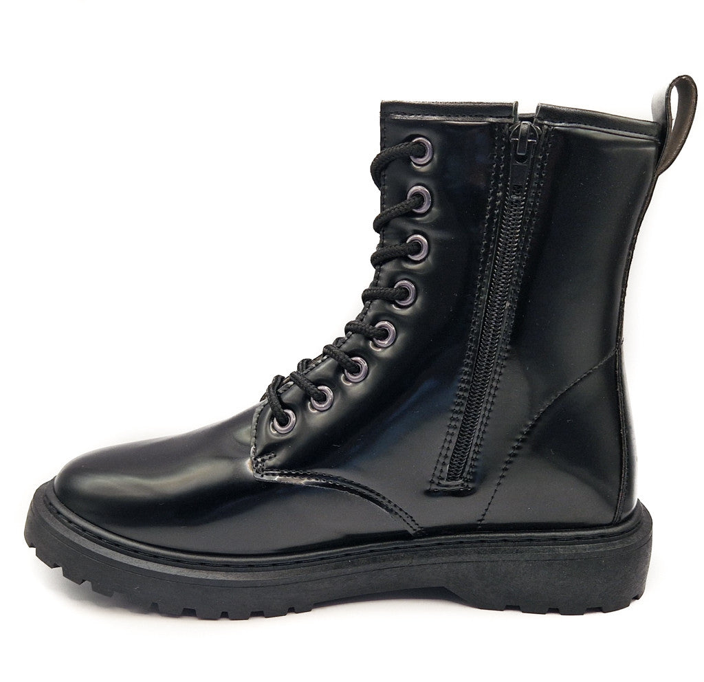 Women's Lace Up Faux Leather Biker Boot Patent Black