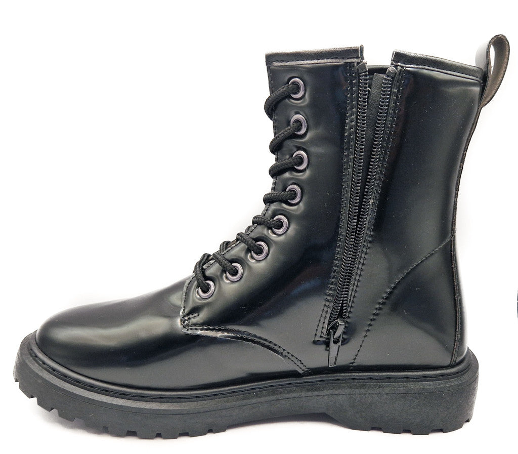 Women's Lace Up Faux Leather Biker Boot Patent Black