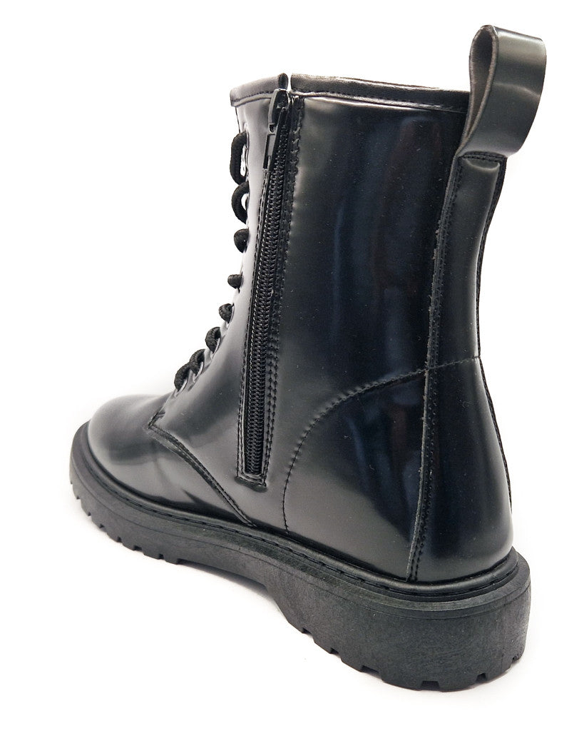 Women's Lace Up Faux Leather Biker Boot Patent Black