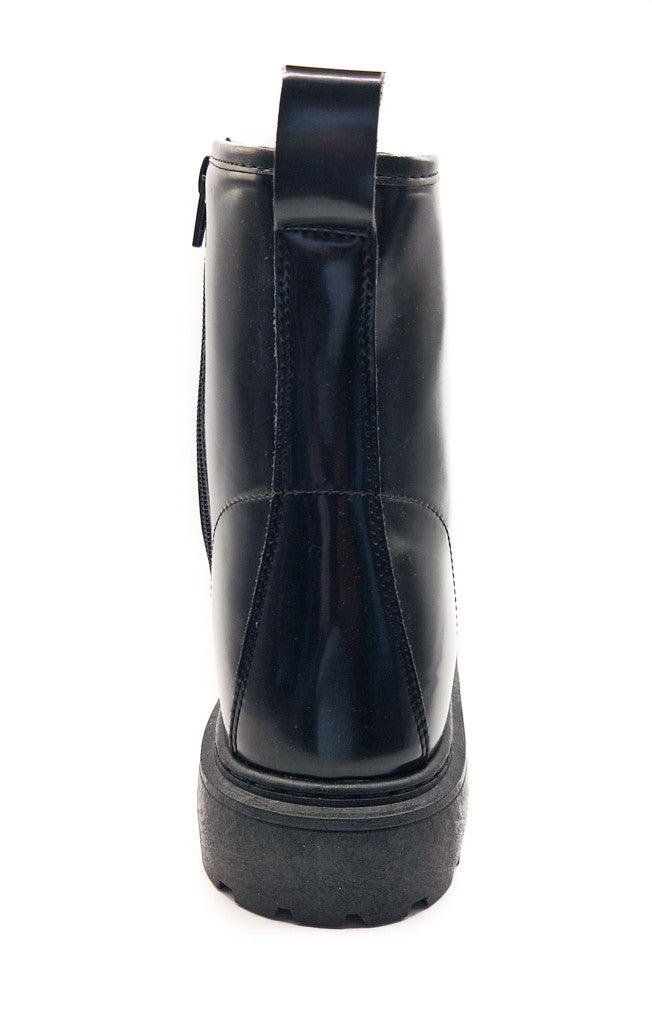 Women's Lace Up Faux Leather Biker Boot Patent Black